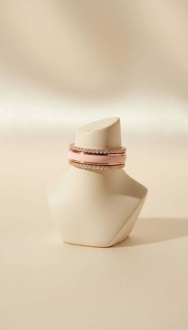Set bagues empilables émail blush et diamants