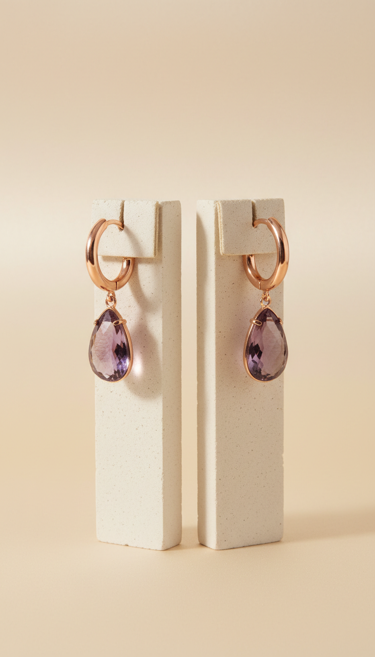 Créoles or rose gouttes d’améthyste mauve